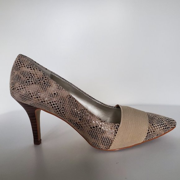 ANNE KLEIN Faux Snakeskin Shoes Stretch Band Brown Wood Stiletto Heel Women's 8 - Picture 4 of 12